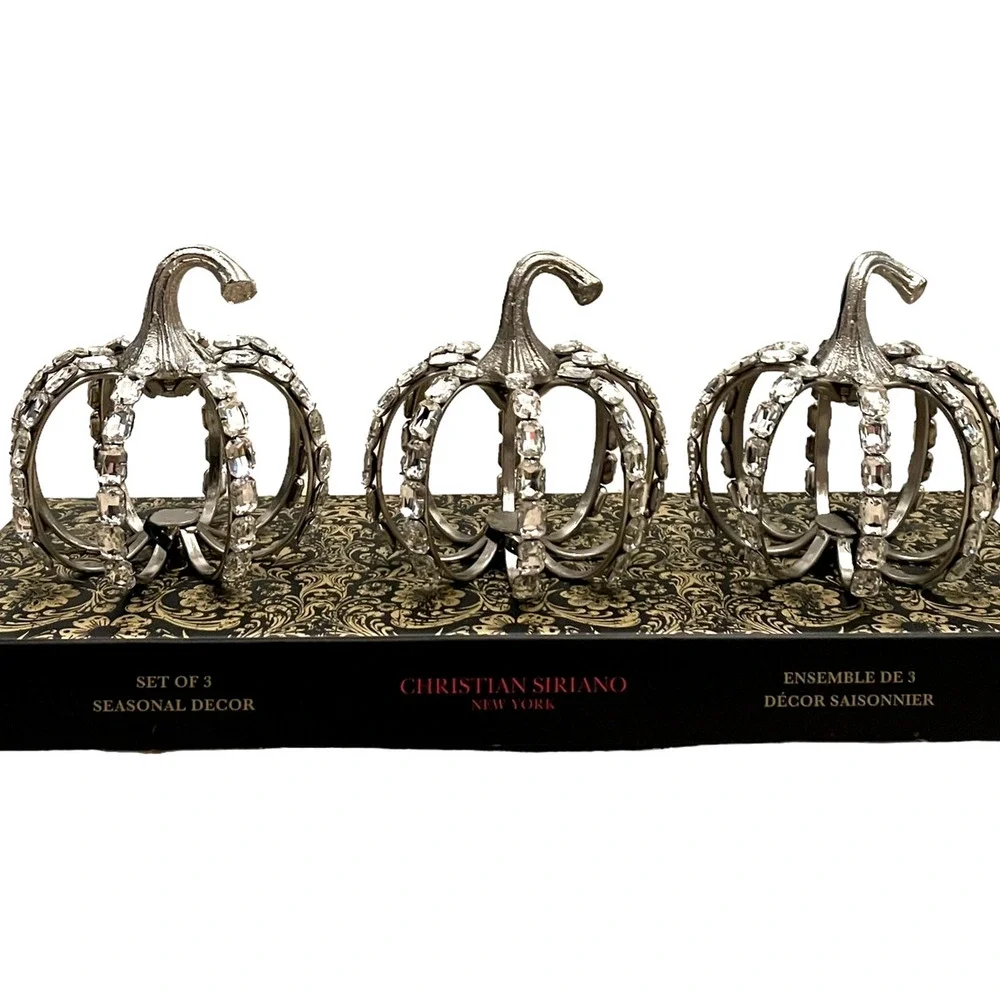 Christian Siriano Crystal Jeweled Metal Pumpkins Set of 3 Silver Halloween GLAM
